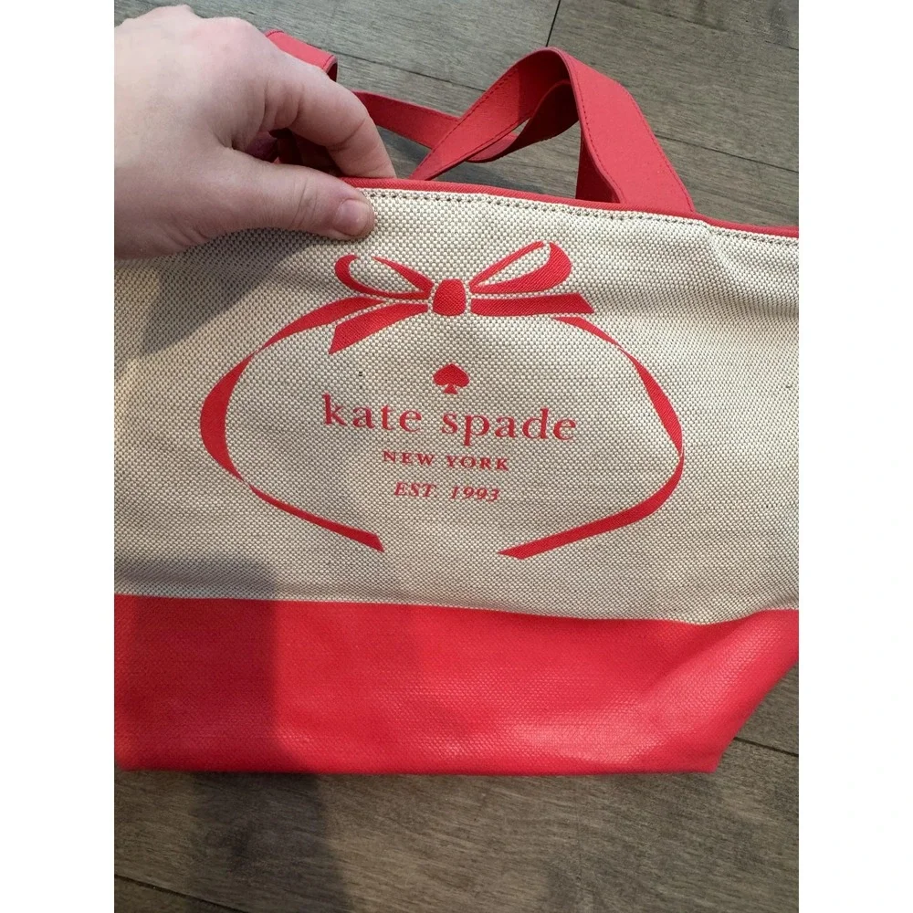 Kate Spade Tote Bag Womens Medium Pink Canvas Leather Bow Print Shoulder Purse‎